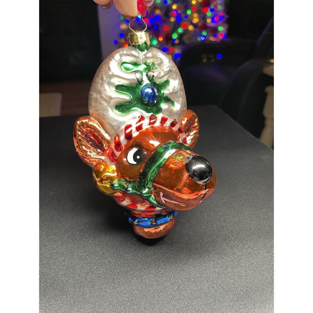 Vintage 2003 Mark Klaus Faces Full of Festive Joy Reindeer Blown Glass Ornament - Picture 2 of 6